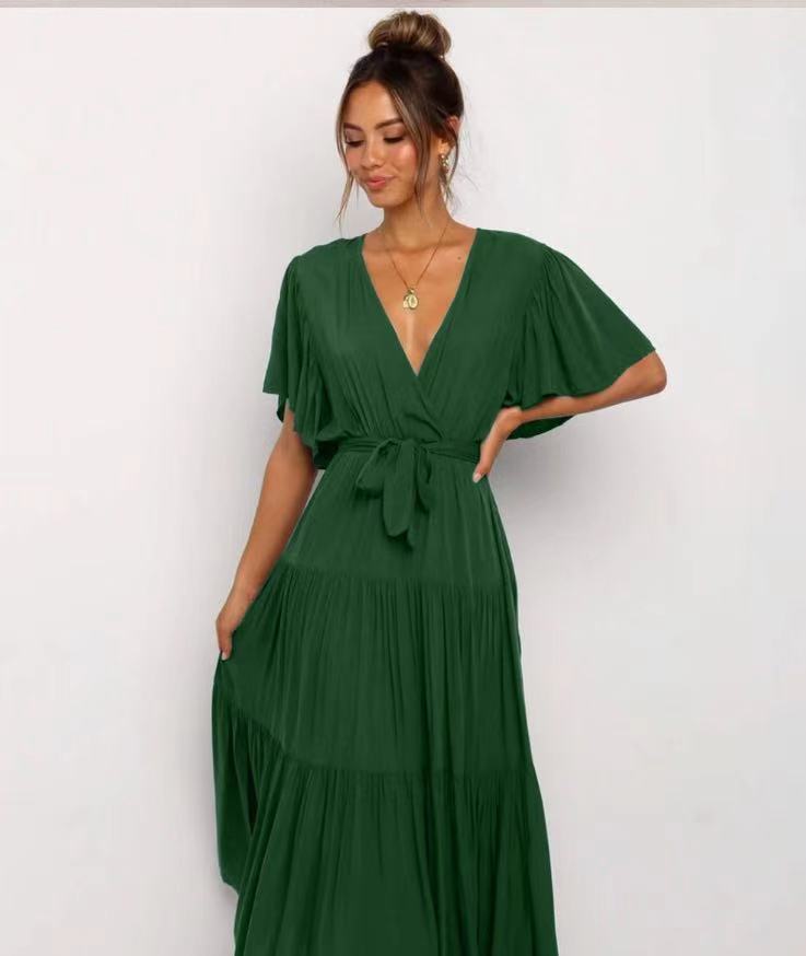 V-Neck Printed Short Sleeve High Waist A-Line Maxi Dress