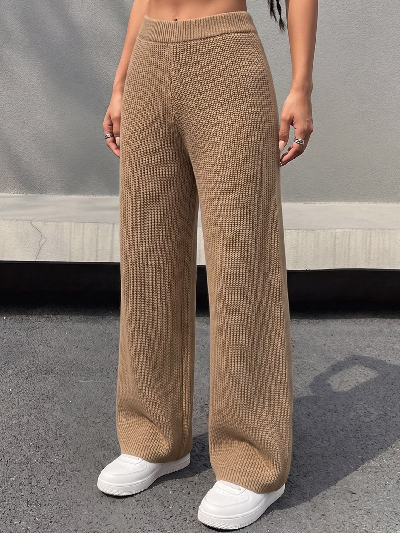 Women's Ribbed Knit Straight-Leg Wide-Leg Pants Mid-High Waist