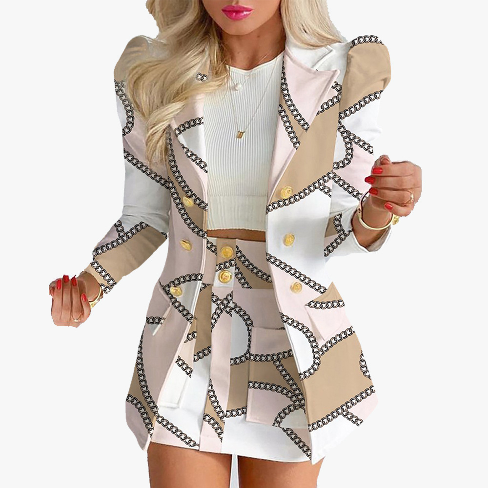Women's Printed Long Sleeve Blazer and Skirt Set