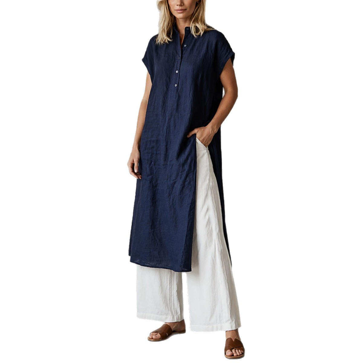 Solid Color Short Sleeve Loose Pocket Midi Skirt Set