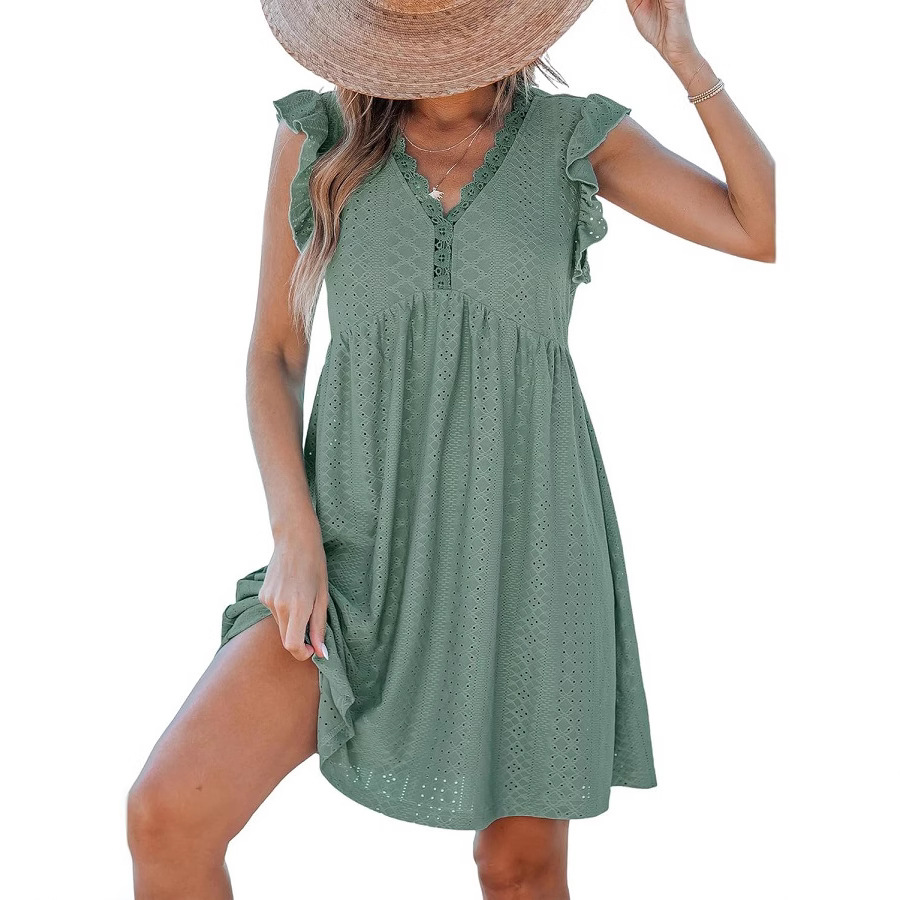 Women's V-Neck Lace Trim Cutout Short Sleeve Smock Dress