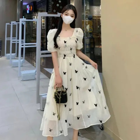 Square Neck Puff Sleeve Floral Dress Women's Summer French Style Slimming A-Line Midi