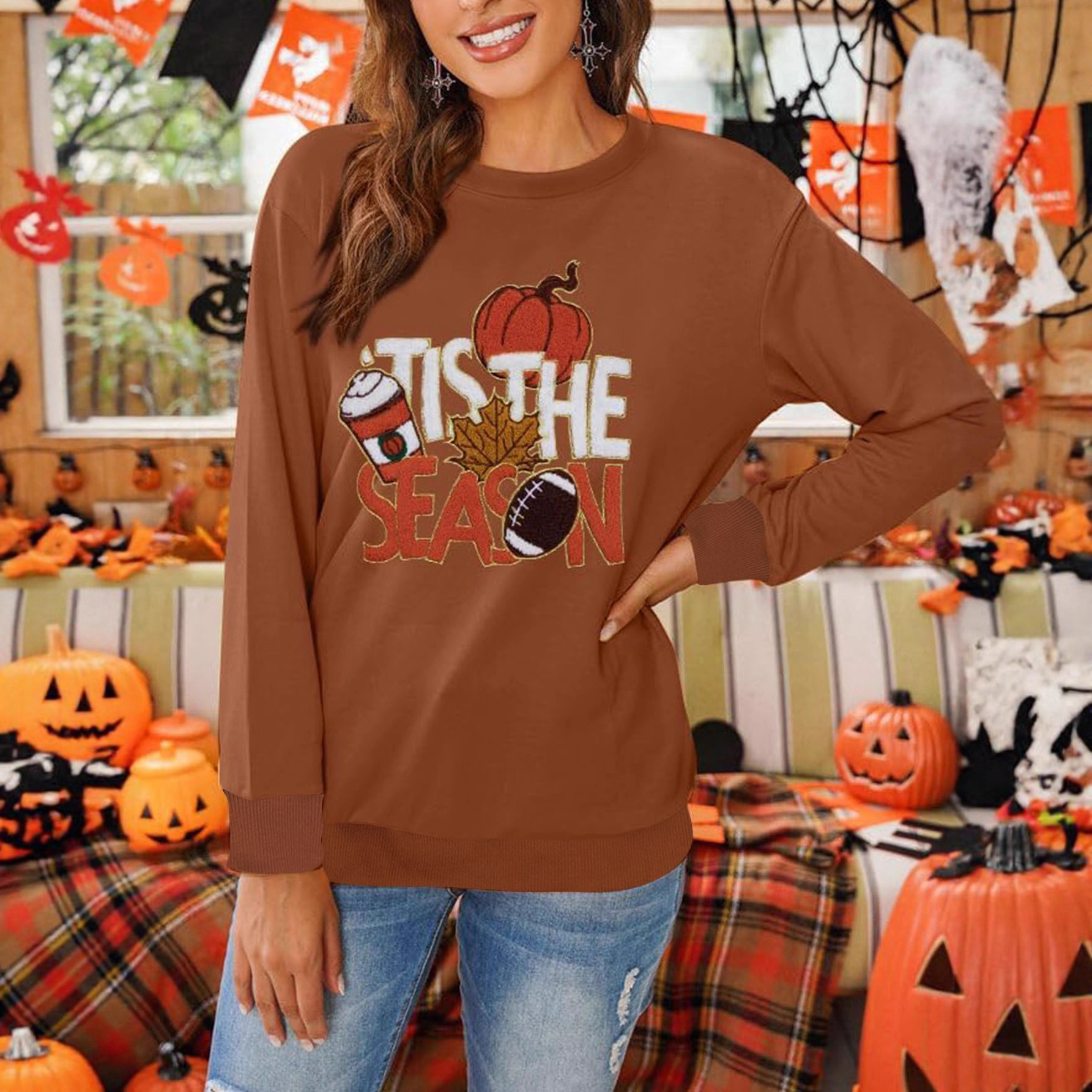 Halloween Letter Print Towel Embroidered Crewneck Long Sleeve Ribbed Sweatshirt
