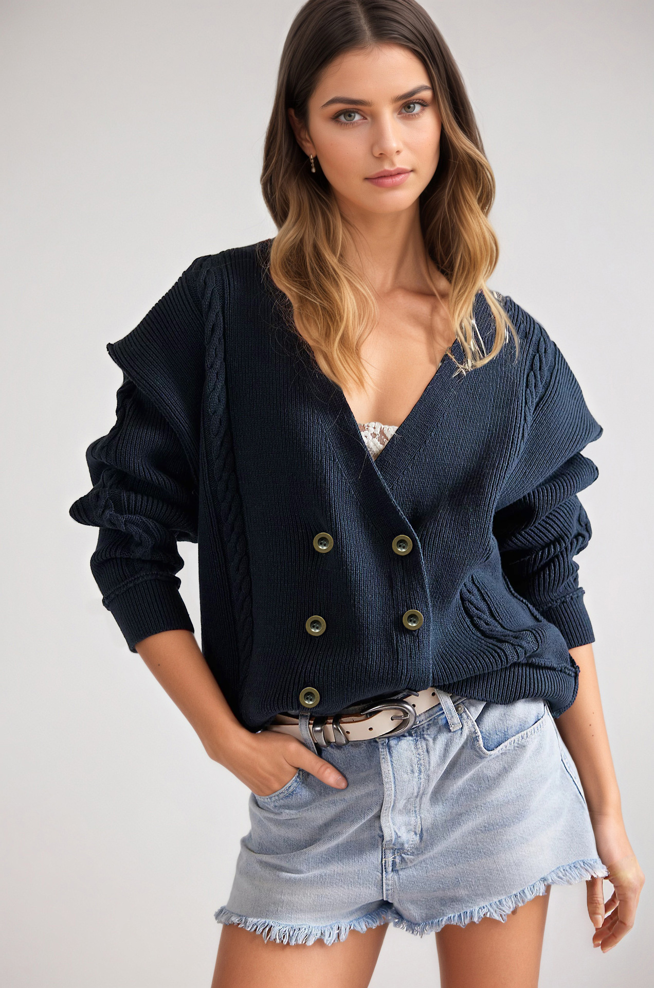 Solid V-Neck Button-Up Knit Cardigan Long Sleeve