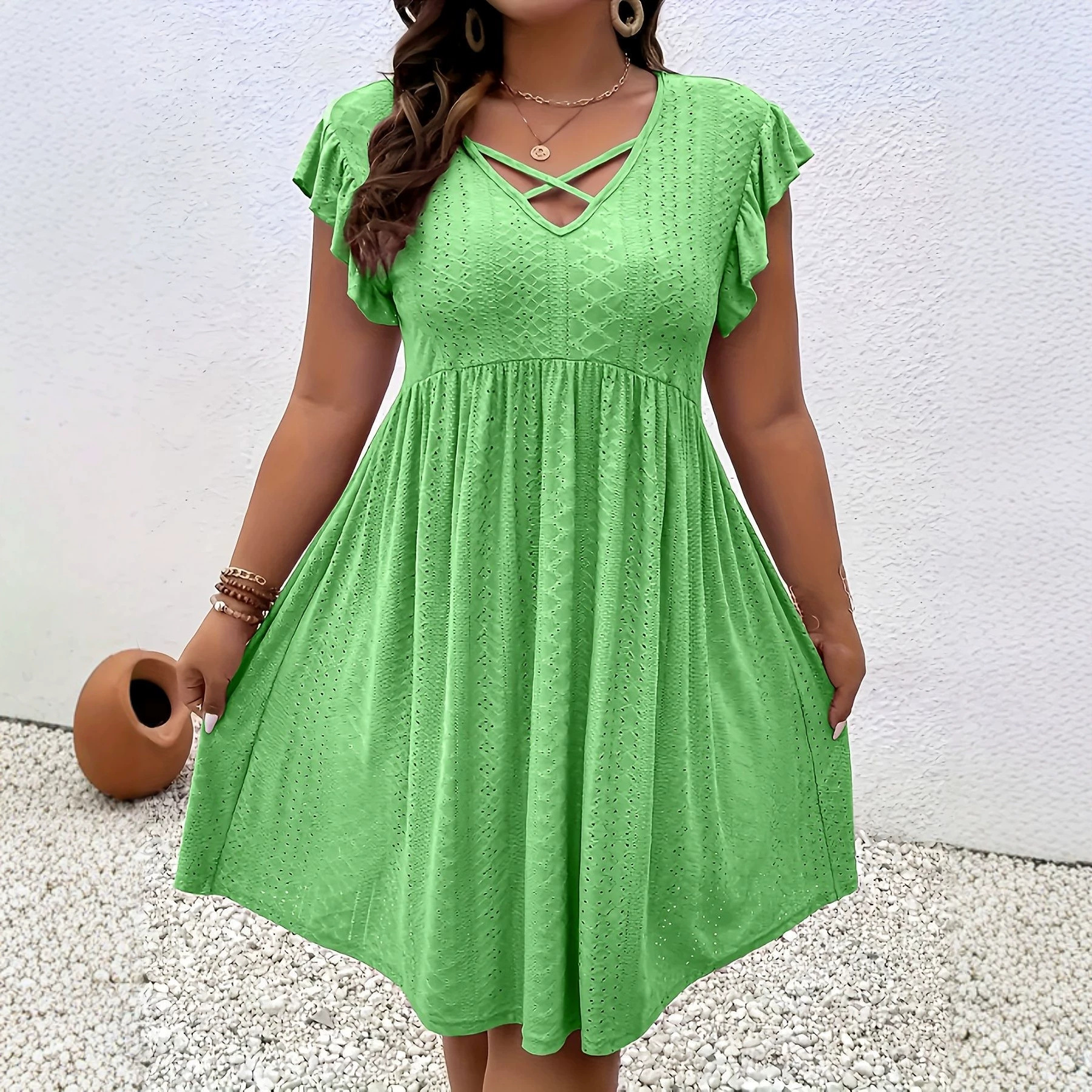 Women's Summer Hollow-Out Short Sleeve Cover-Up Mini Dress