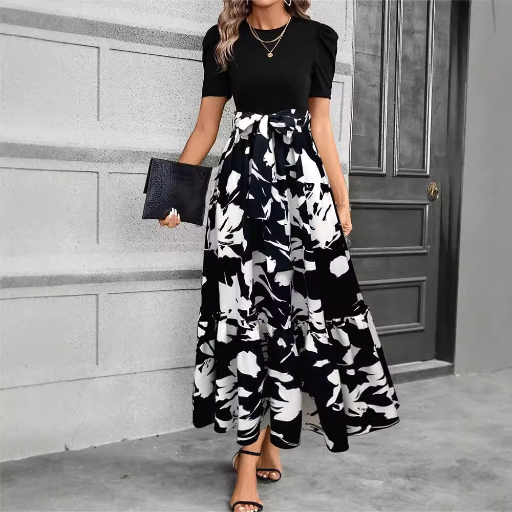 Floral Print High Waist Chiffon Midi Dress