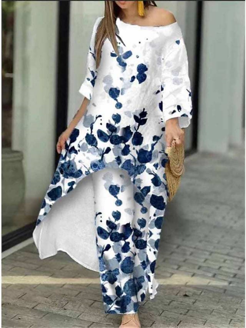 Women's Loose Plus Size Irregular Print Two-Piece Straight Pants Set