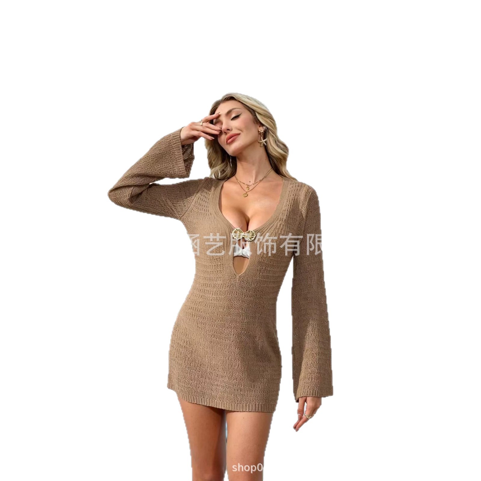 Women's V-Neck Cutout Bodycon Knit Beach Dress with Shell Metal Accents