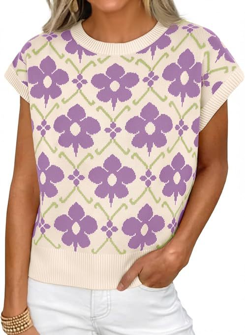 Women's Floral Knit Short Sleeve Sweater Vintage Crew Neck Loose Summer Pullover