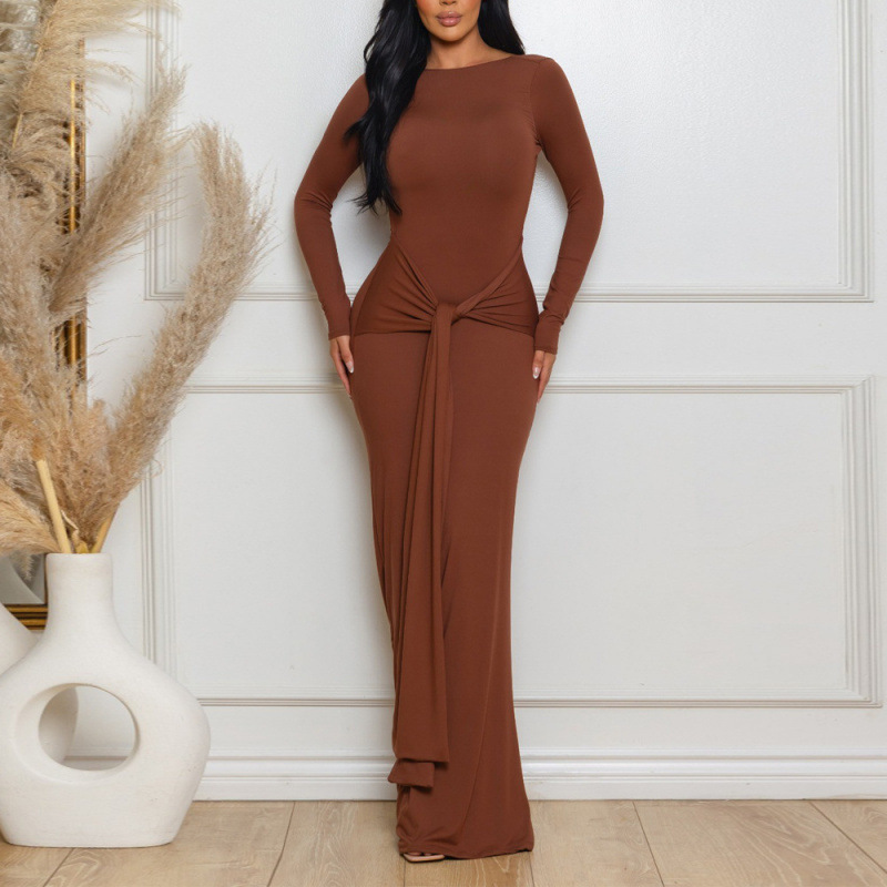 Solid Long Sleeve Open Back Waist-Cinching Midi Dress