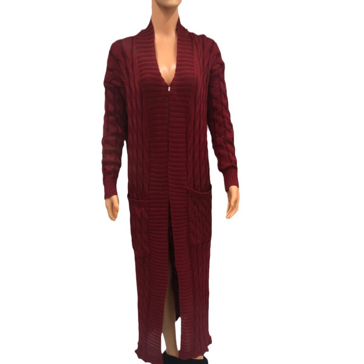 Cable-Knit Open-Front Long Cardigan with Pockets