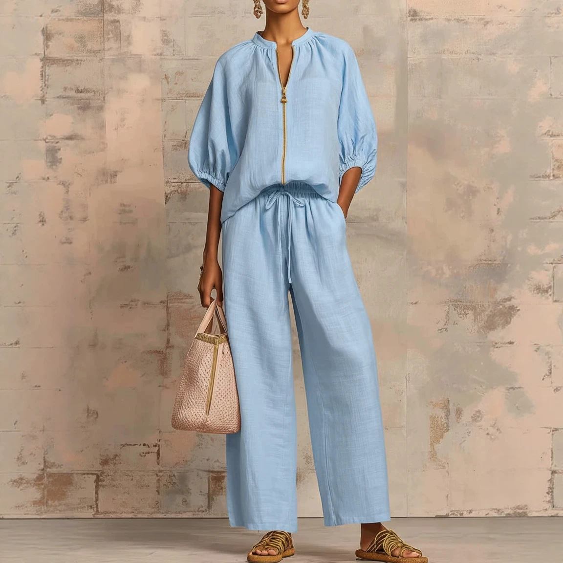 Elegant Solid Two-Piece Set: Crew Neck Mid-Sleeve Top & Wide-Leg Pants