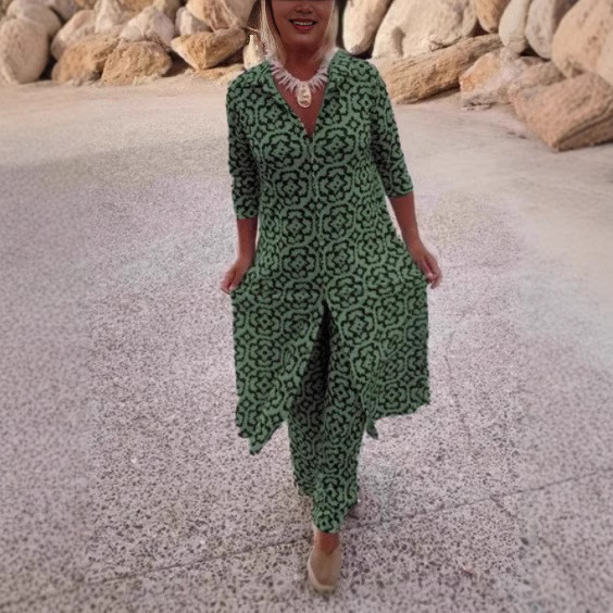 Women's Retro Print Button-Front Shirt and Pants Set