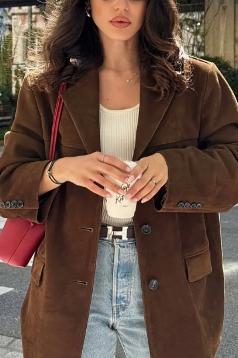 Women's Faux Suede Blazer Jacket Solid Color Long Sleeve