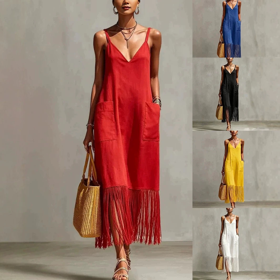 Bohemian Fringe Hem Sleeveless A-Line Long Dress