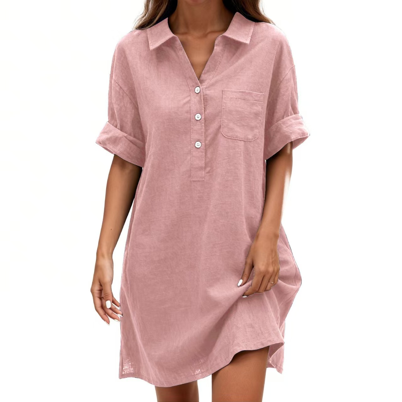 Women's Cotton Short Sleeve Midi Dress with Small Lapel Collar
