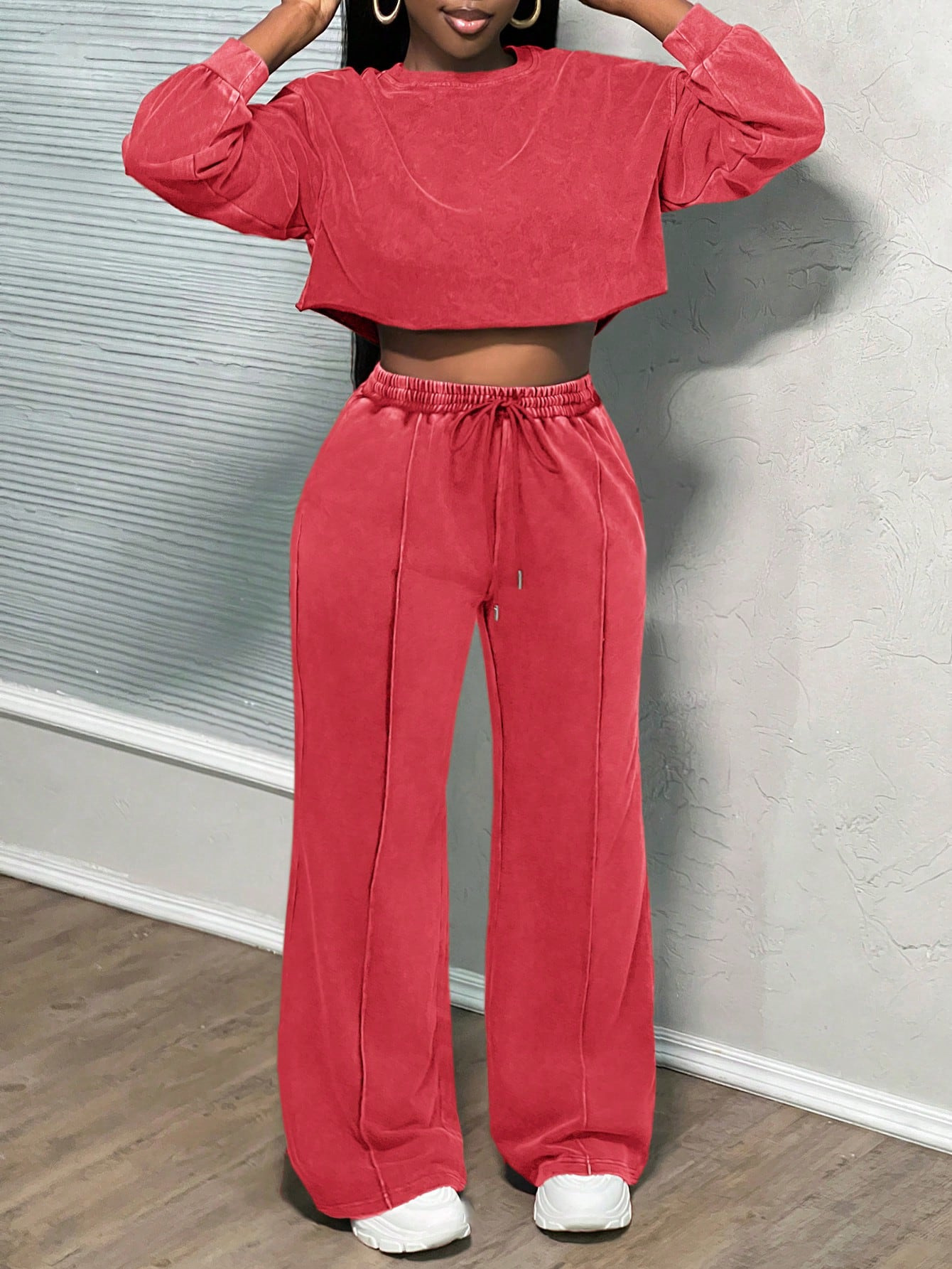 Women's Long-Sleeve Washed Zip-Up Sweatsuit Set