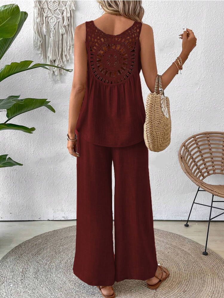 Women's Solid Color Back Cutout Lace Trim Sleeveless Top Set