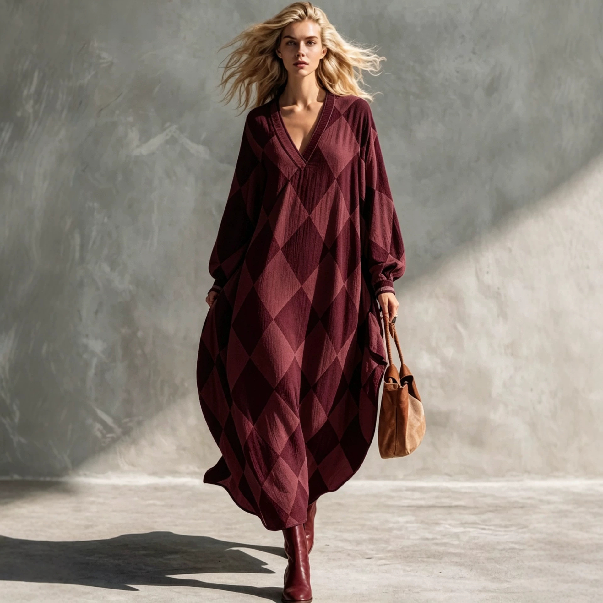 Retro Plaid V-Neck Lantern Sleeve Loose Casual Dress
