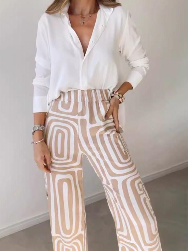 Women's Digital Print Shirt and Wide-Leg Pants Two-Piece Set