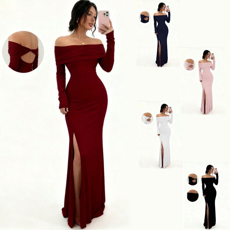 Long Sleeve Off-Shoulder Slit Bodycon Midi Dress