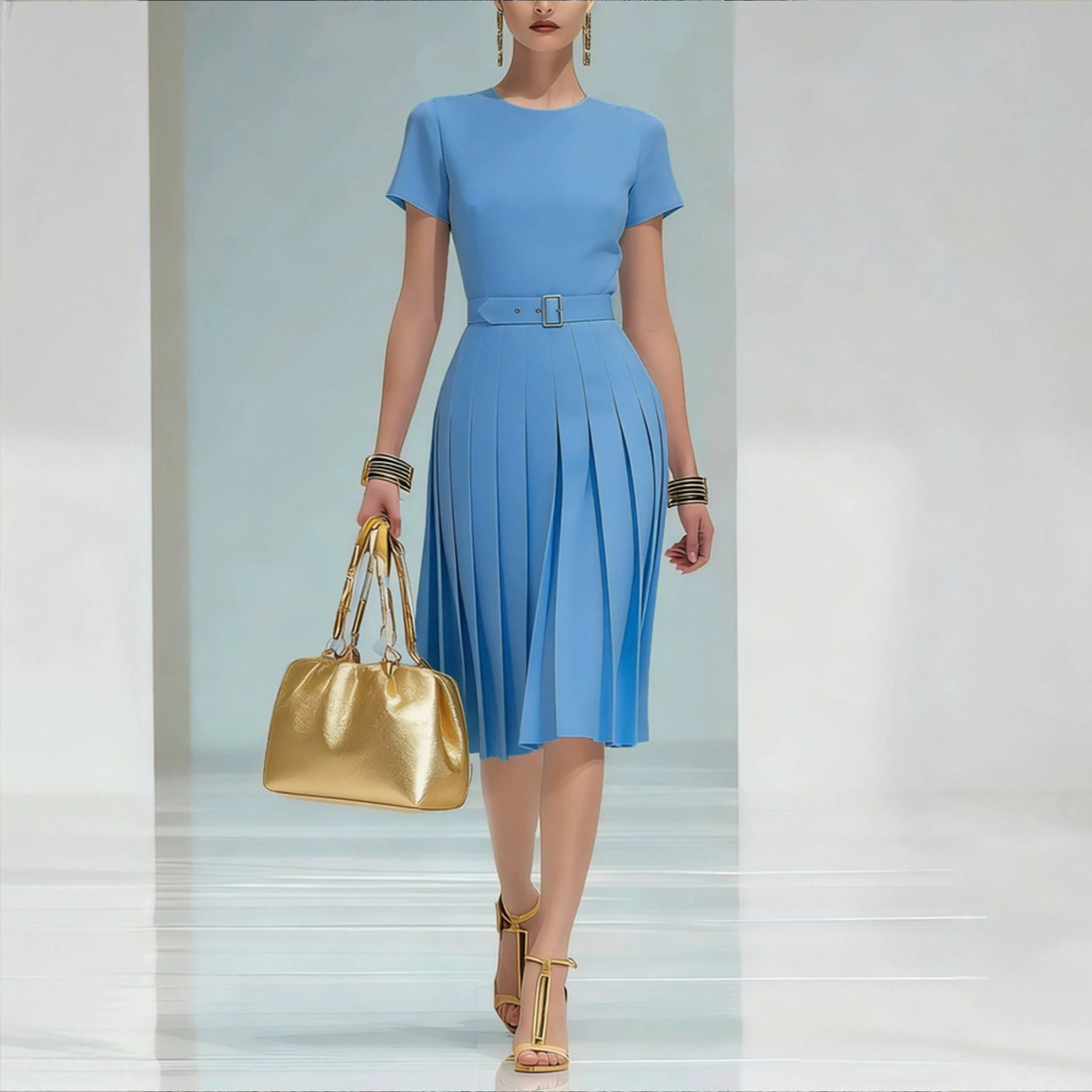 Women's Pleated Round Neck Midi Dress with Belt Solid Color