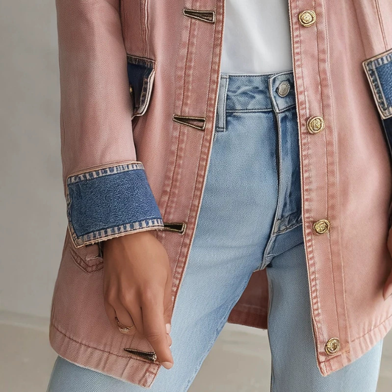Retro Pink Denim Jacket for Women Casual Mid-Length