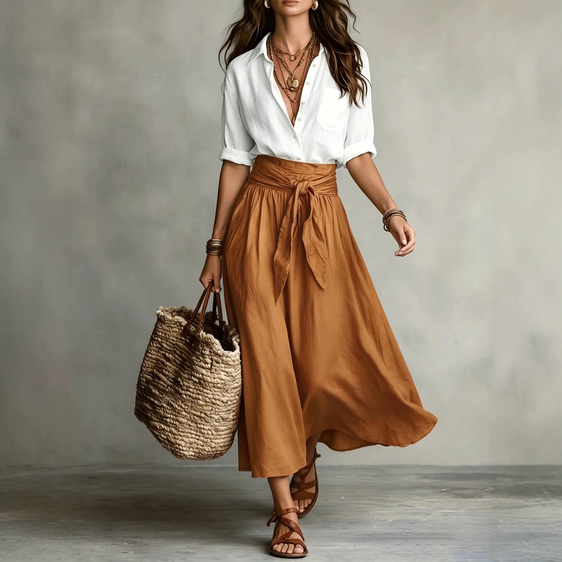 Women's Collared Shirt and Tie-Waist Midi Skirt Set