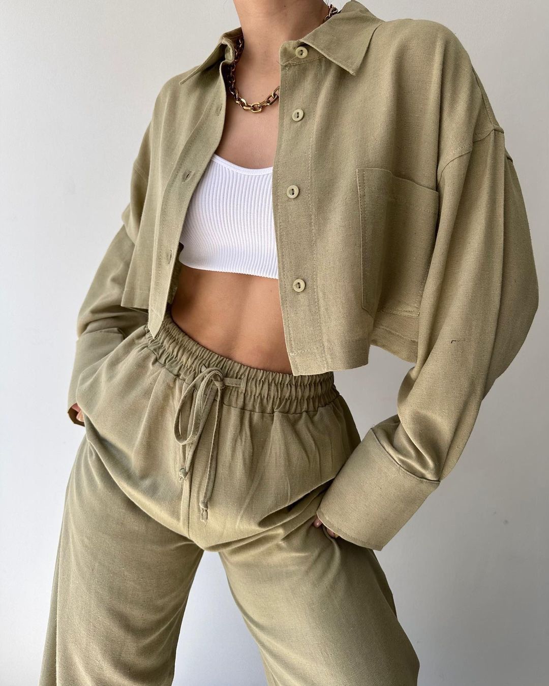 Solid Color Long Sleeve Cropped Shirt and Drawstring Pants Set