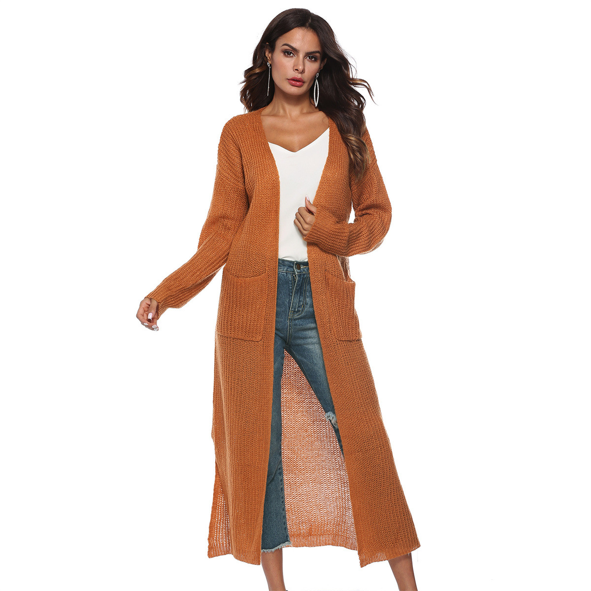 Mohair Cardigan Women's Long Open Front Split Pocket Sweater Coat