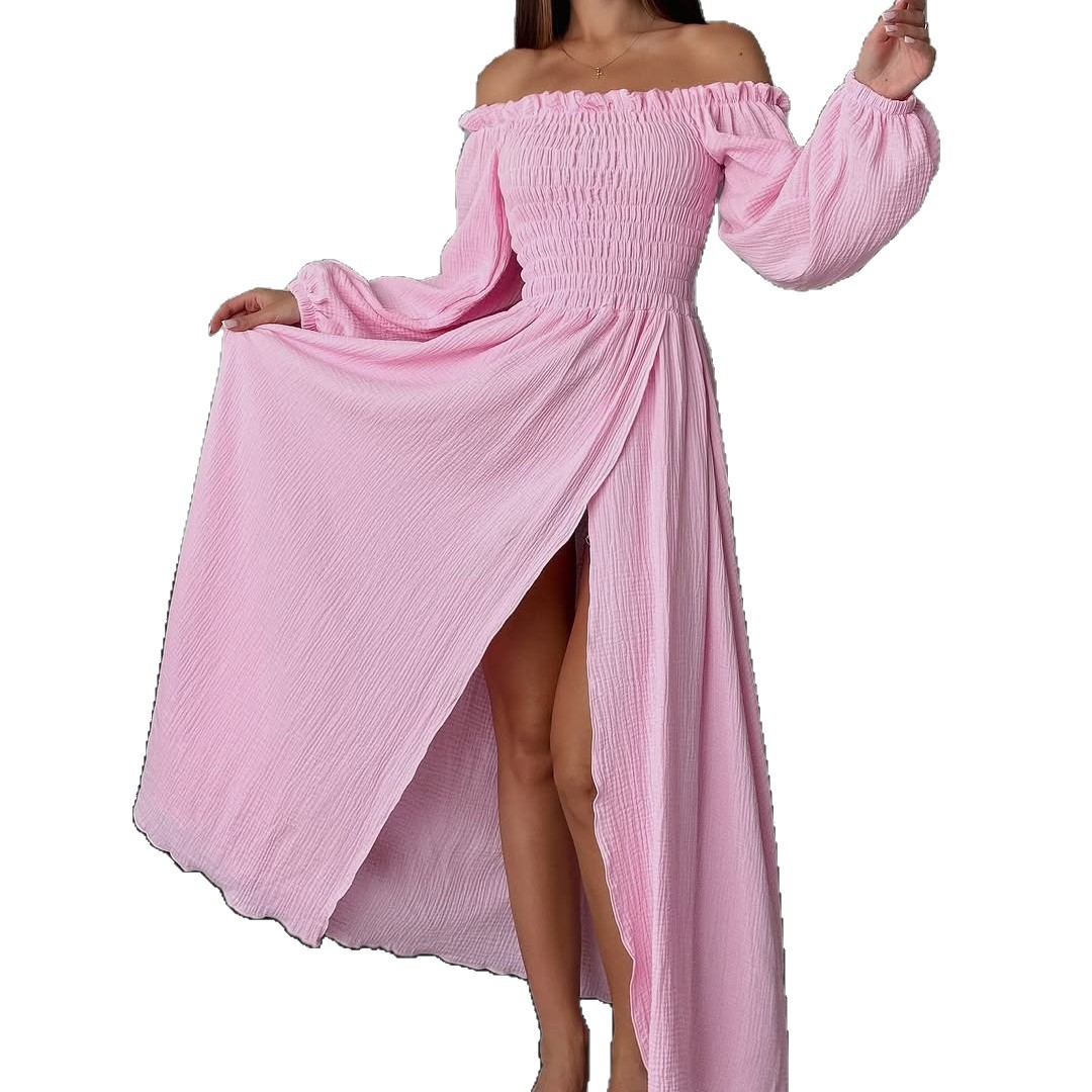 Off-Shoulder Ruched Long-Sleeve Dress with Waist-Cinching Slimming Fit