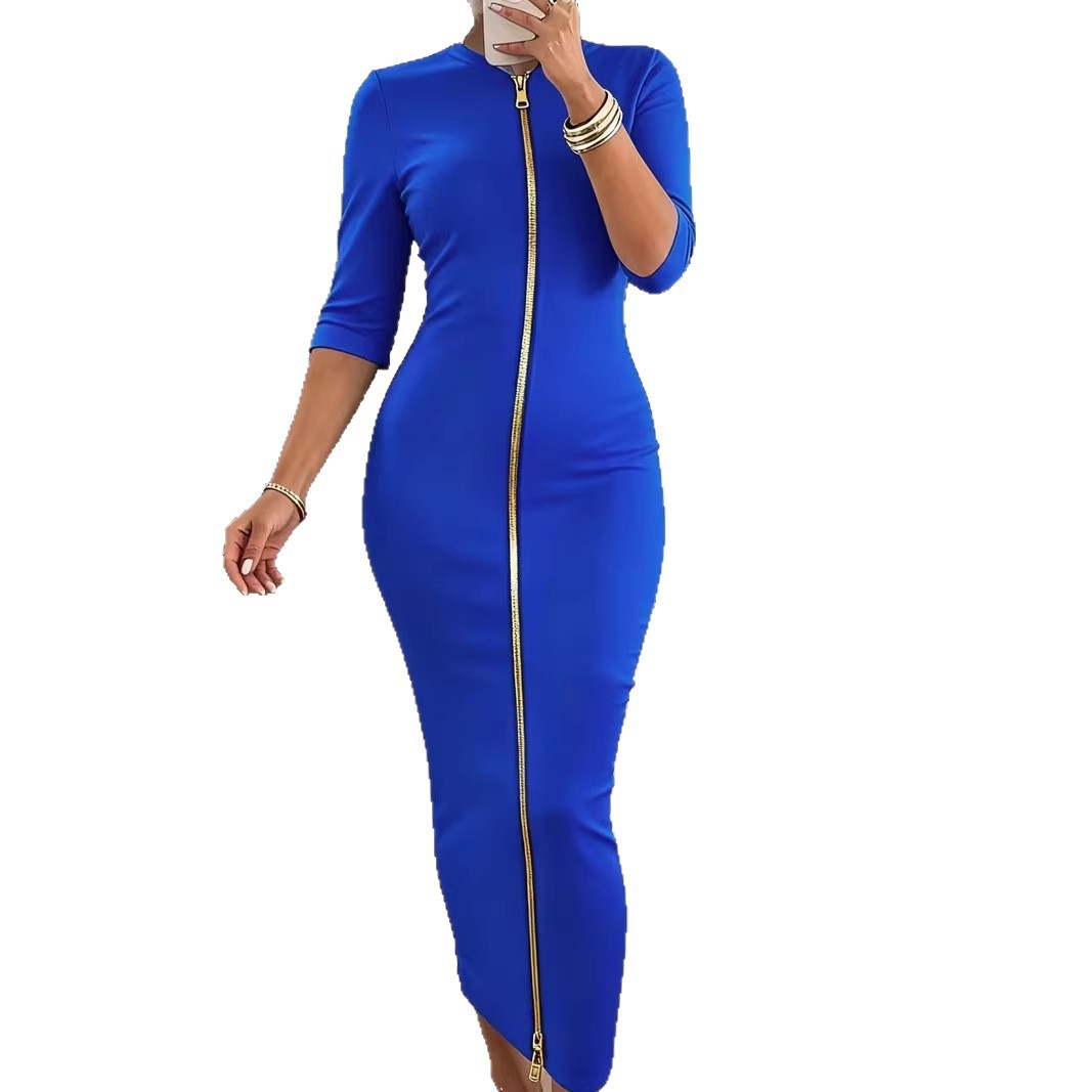 Women's Sexy Bodycon Midi Dress with Zip Short Sleeve