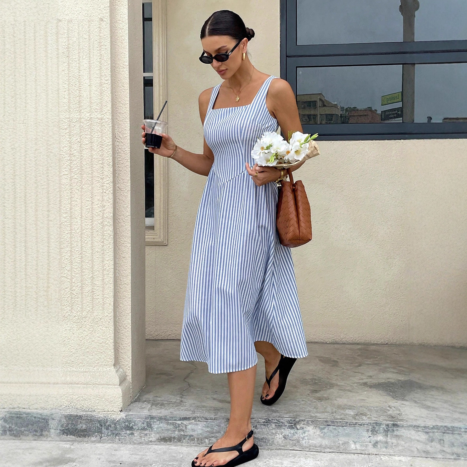 Women's Sleeveless Square Neck Striped A-Line Maxi Dress