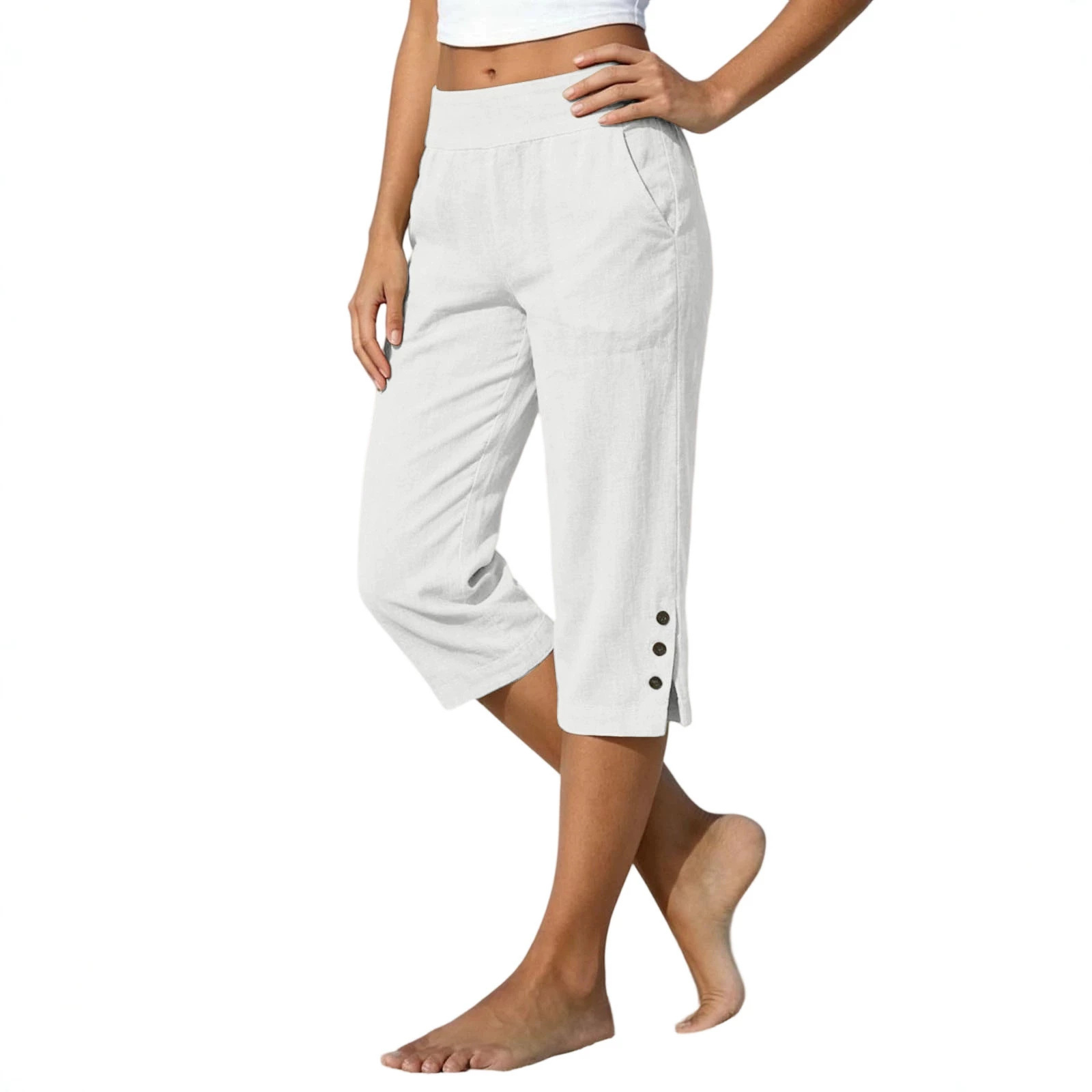 2026 Summer Women's Cotton-Linen Capri Pants High Waist Loose Straight Leg Slit Button Casual Pants Cross-Border Women's