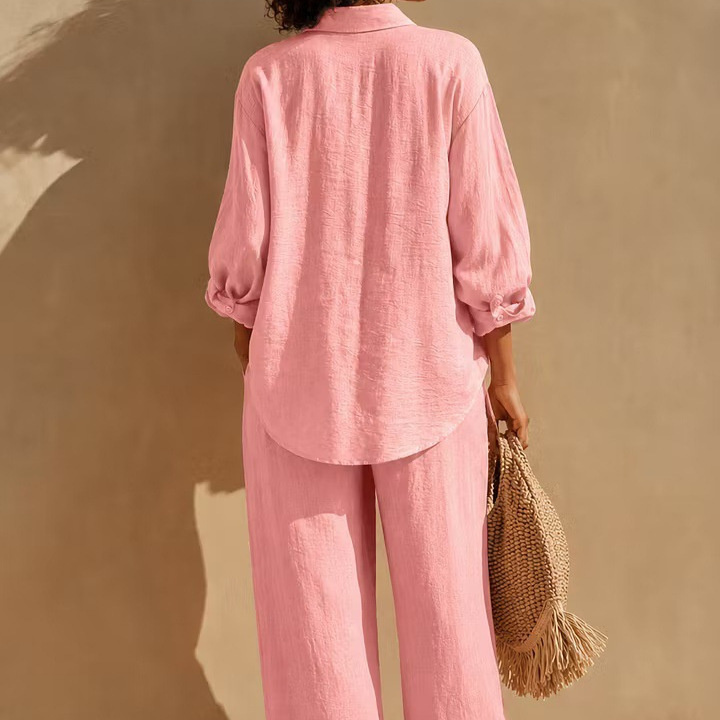 Women's Solid Linen-Blend Long-Sleeve Button-Down Shirt and Wide-Leg Pants Set with Pockets
