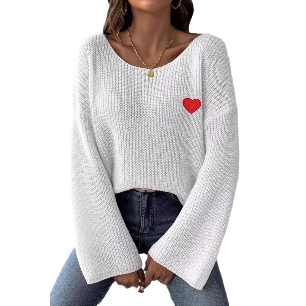 Women's Off-Shoulder Bell Sleeve Heart Embroidered Pullover Sweater