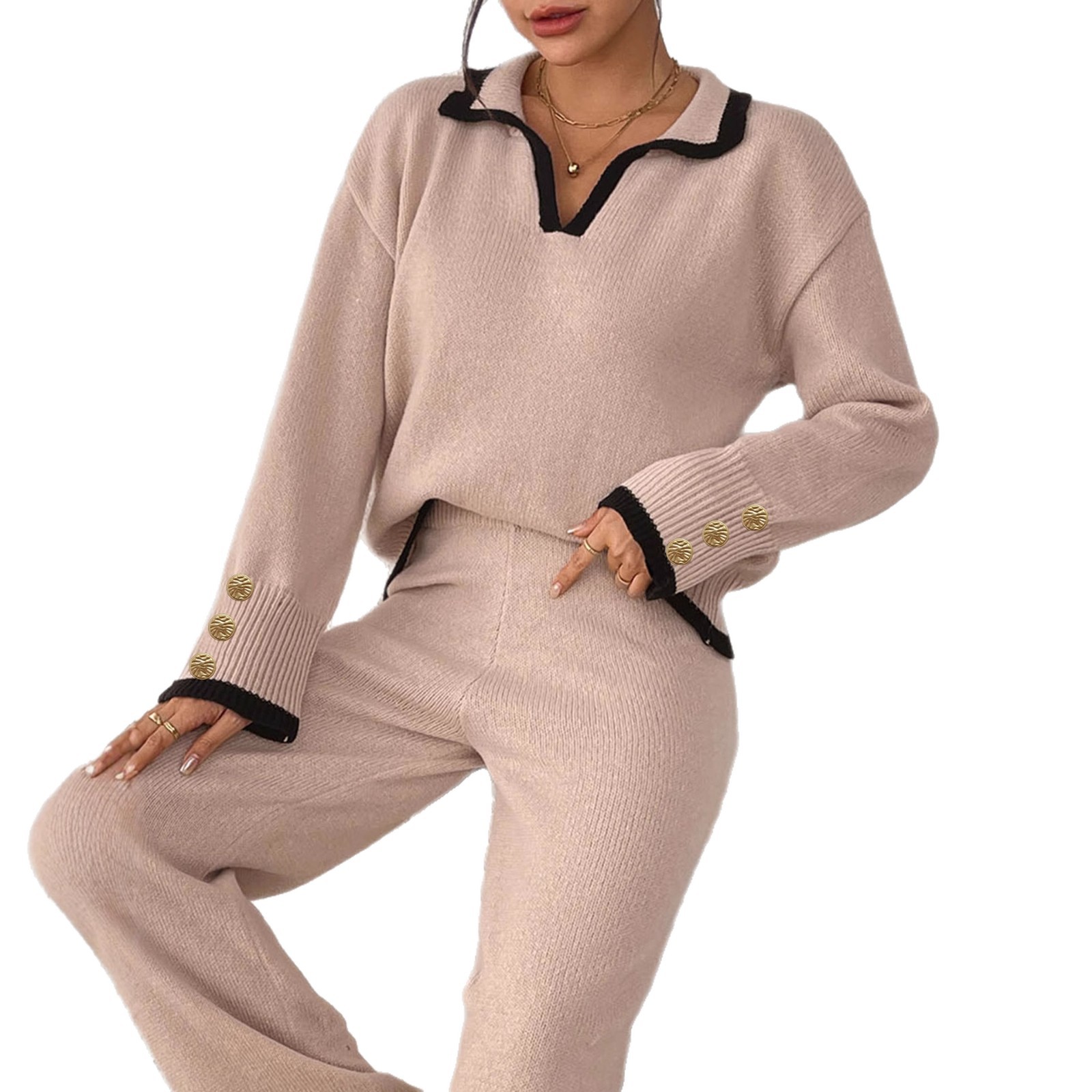 Women's Color-Block Pullover Sweater with Collar and Gold Buttons