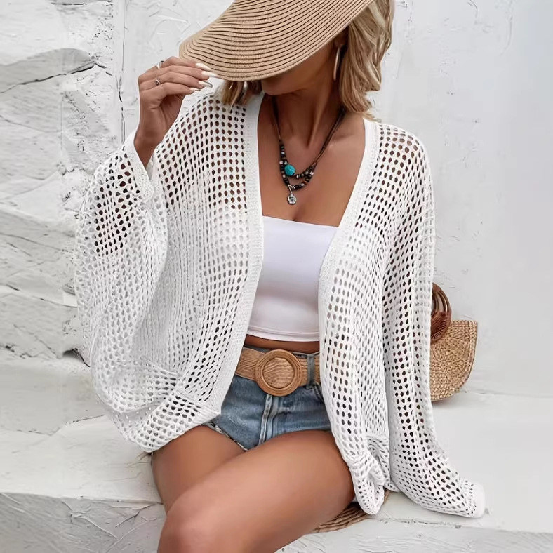 Women's Solid Color Hollow-Out Knit Cardigan Loose Casual Beach Cover-Up