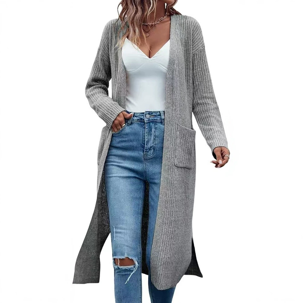 Long Slit Lazy Style Pocket Cardigan Sweater Women's Loose Knit Coat