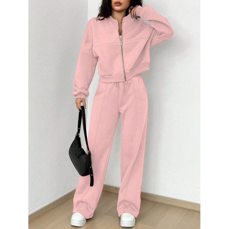 Women's Solid Color Zip-Up Long Sleeve Top and Drawstring Pants Set