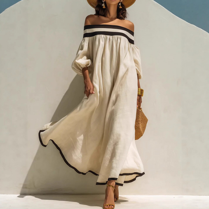 Off-Shoulder Striped A-Line Midi Dress with Puff Sleeves