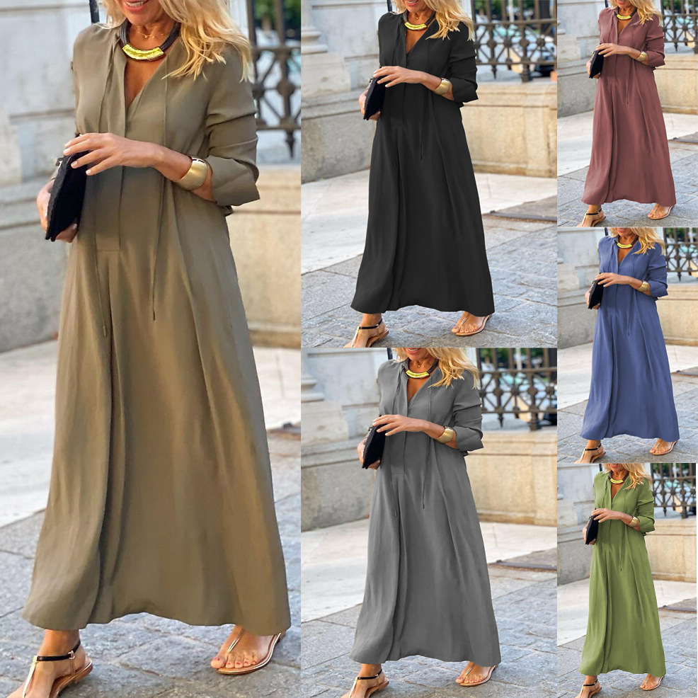 Solid Color Collared Long Sleeve Maxi Shirt Dress
