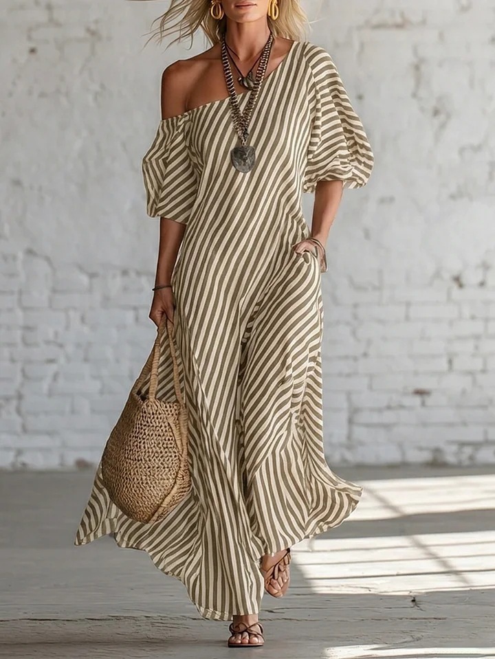 Striped Off-Shoulder Long Dress