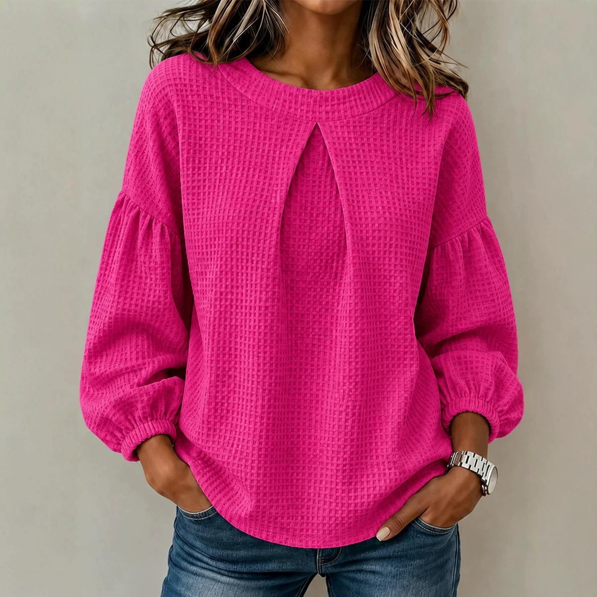 Women's Colorblock Lantern Sleeve Crewneck Loose Solid Long Sleeve Top Sweatshirt