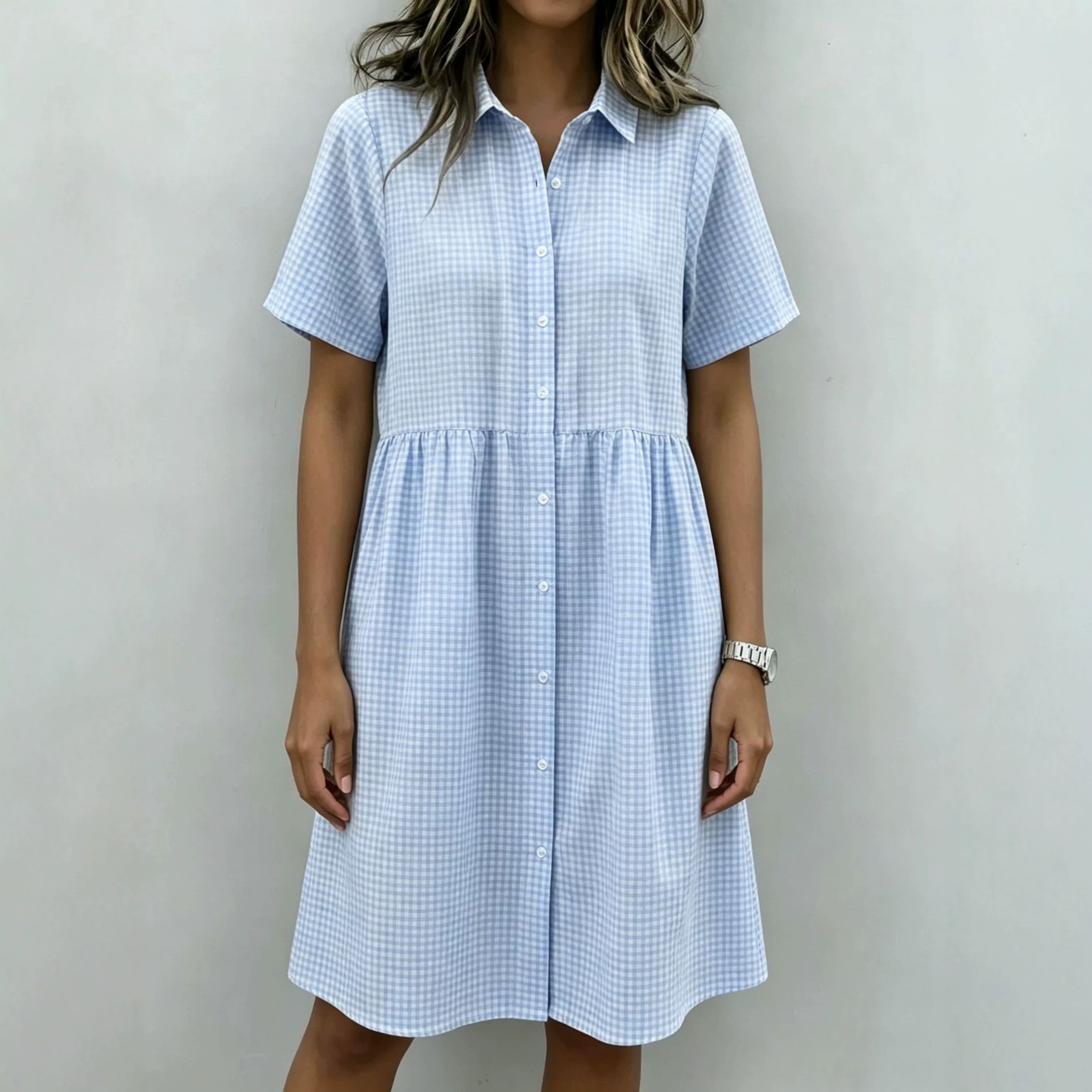 Retro Plaid Polo Collar Bubble Sleeve Dress