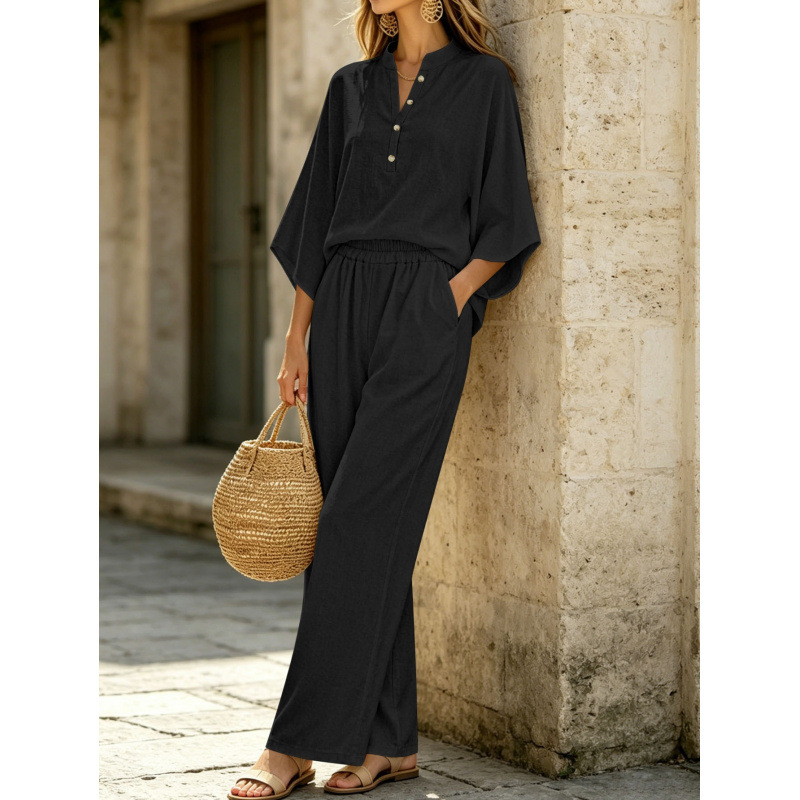 Minimalist Loose Batwing Sleeve Half-Placket High-Waist Wide-Leg Two-Piece Set