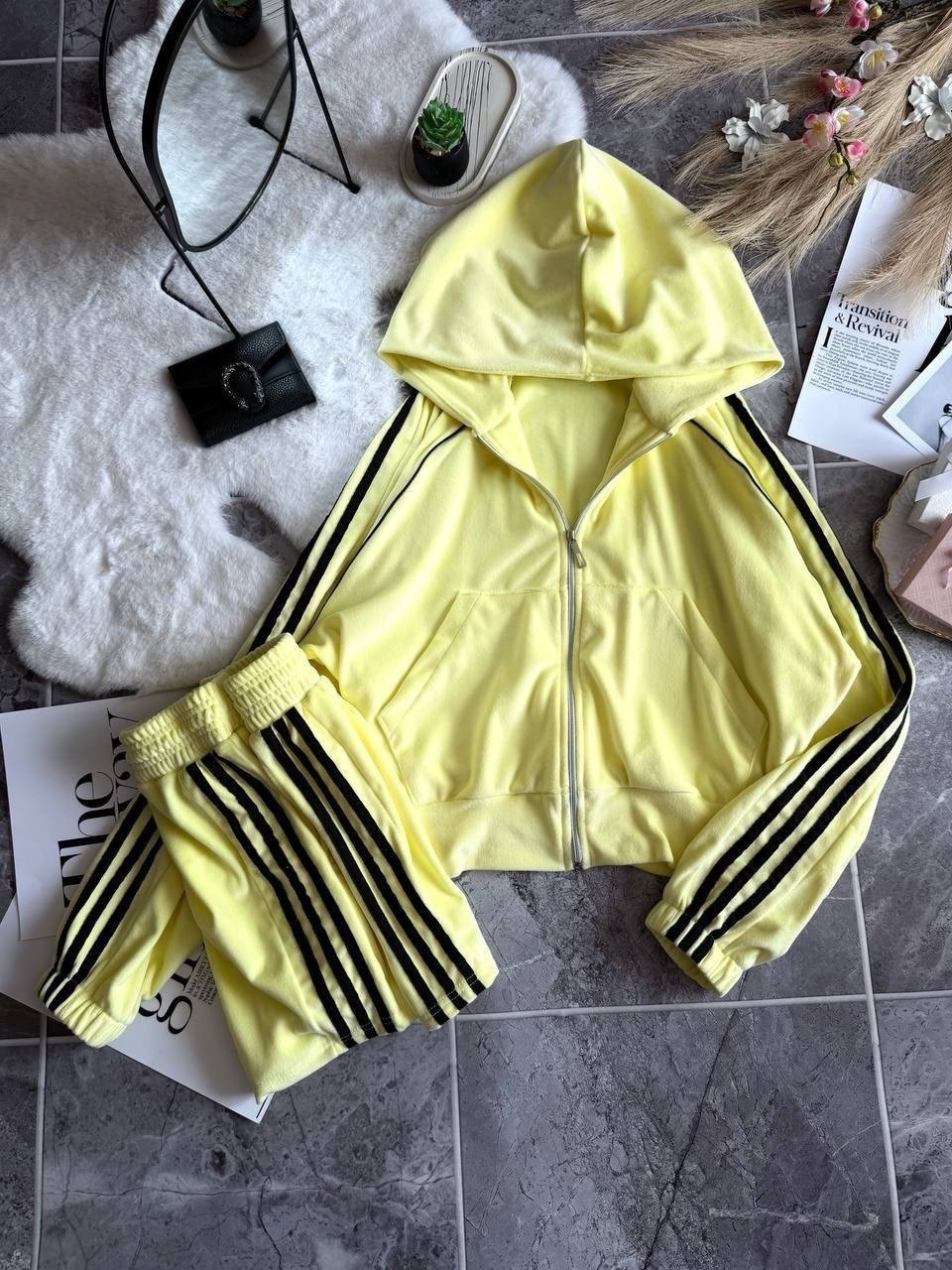 Velvet Color-Block Striped Zip Cardigan & Elastic Shorts Set