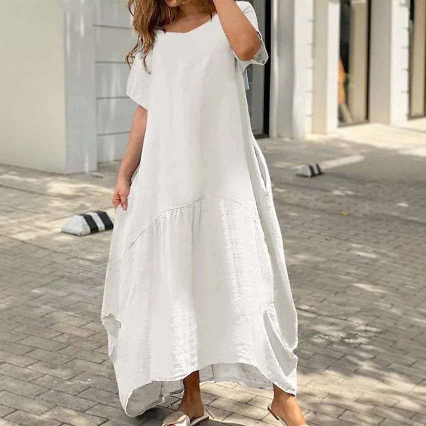 Women's Loose Cotton Linen Long Dress Casual Round Neck Short Sleeve