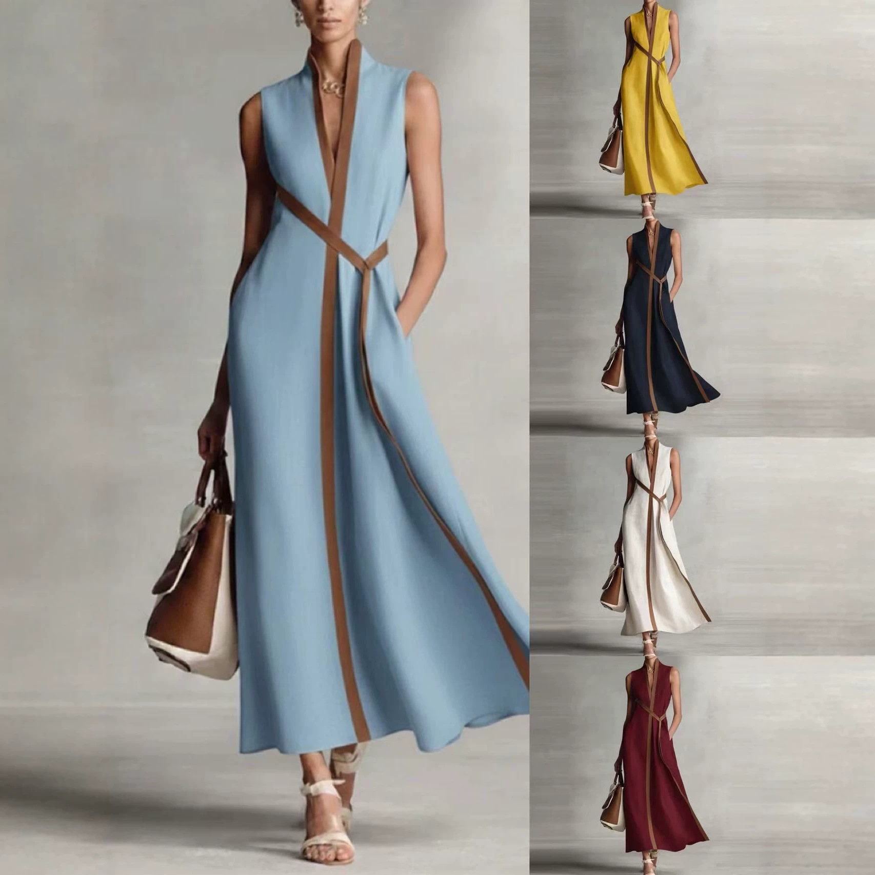Women's Sleeveless V-Neck Colorblock Trim Midi Dress with Waist Tie and Slit