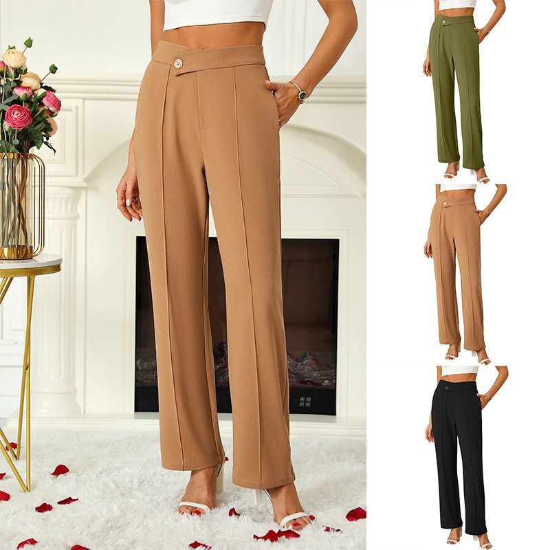 High-Waist Cross Button Flared Straight-Leg Women's Trousers